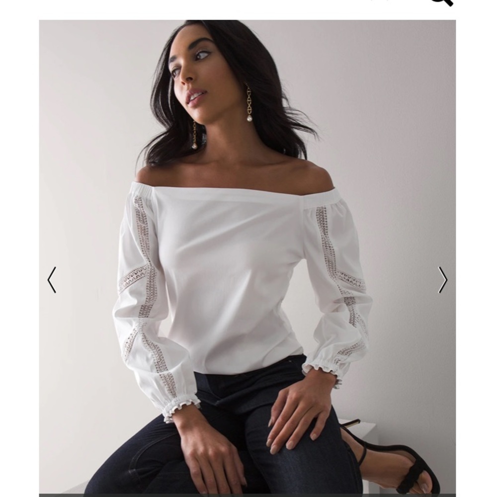 Off-The-Shoulder Lace Sleeve Poplin Blouse- still Available in store for $89!